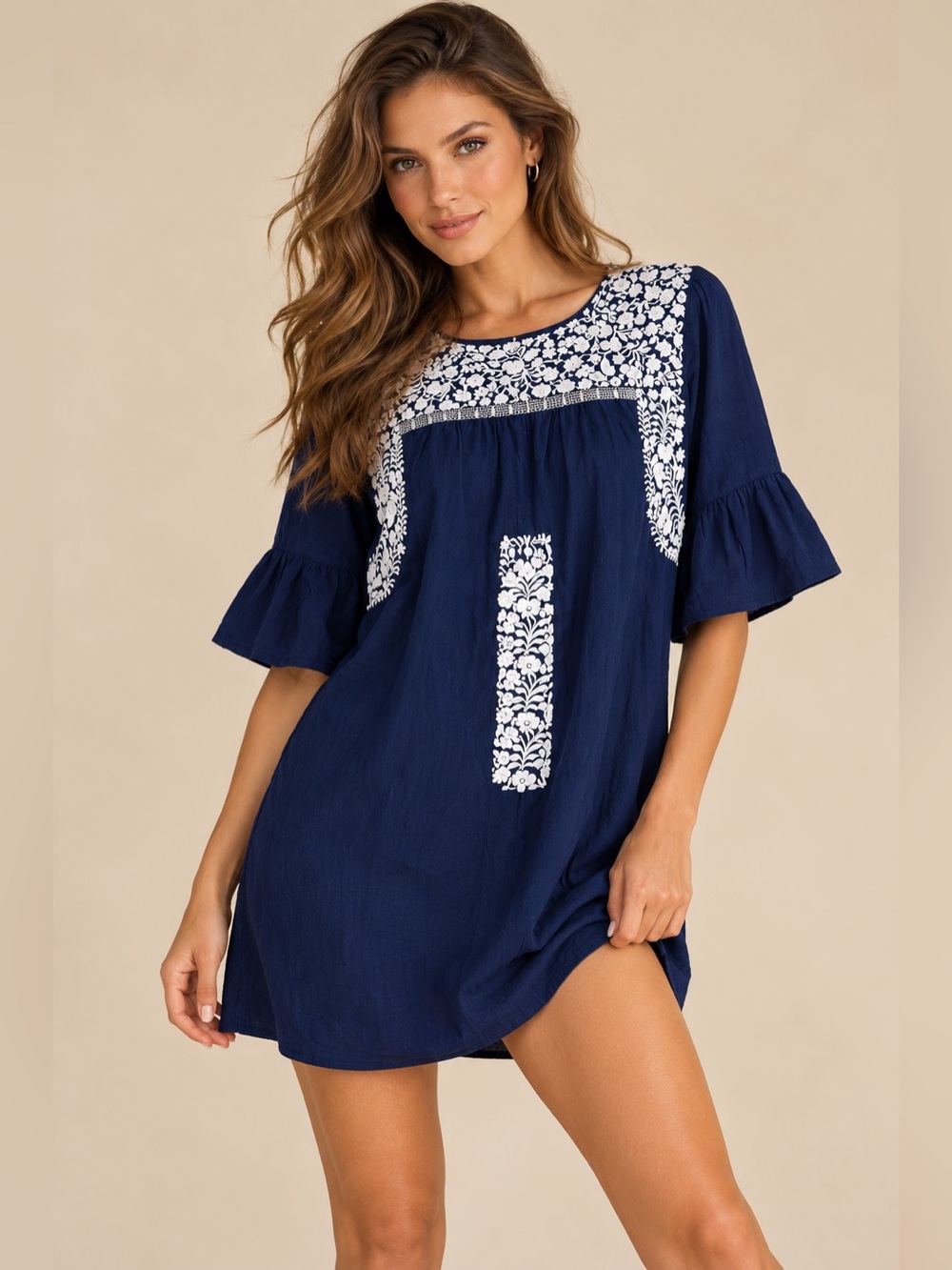 J. Marie Navy Ivory Floral Embroidered Linen Blend Bell Sleeve Mini Shift Dress